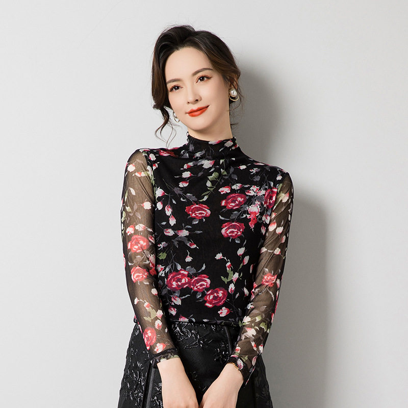 半高领真丝上衣女2026春季新款套头印花网眼长袖T恤女装小衫薄款