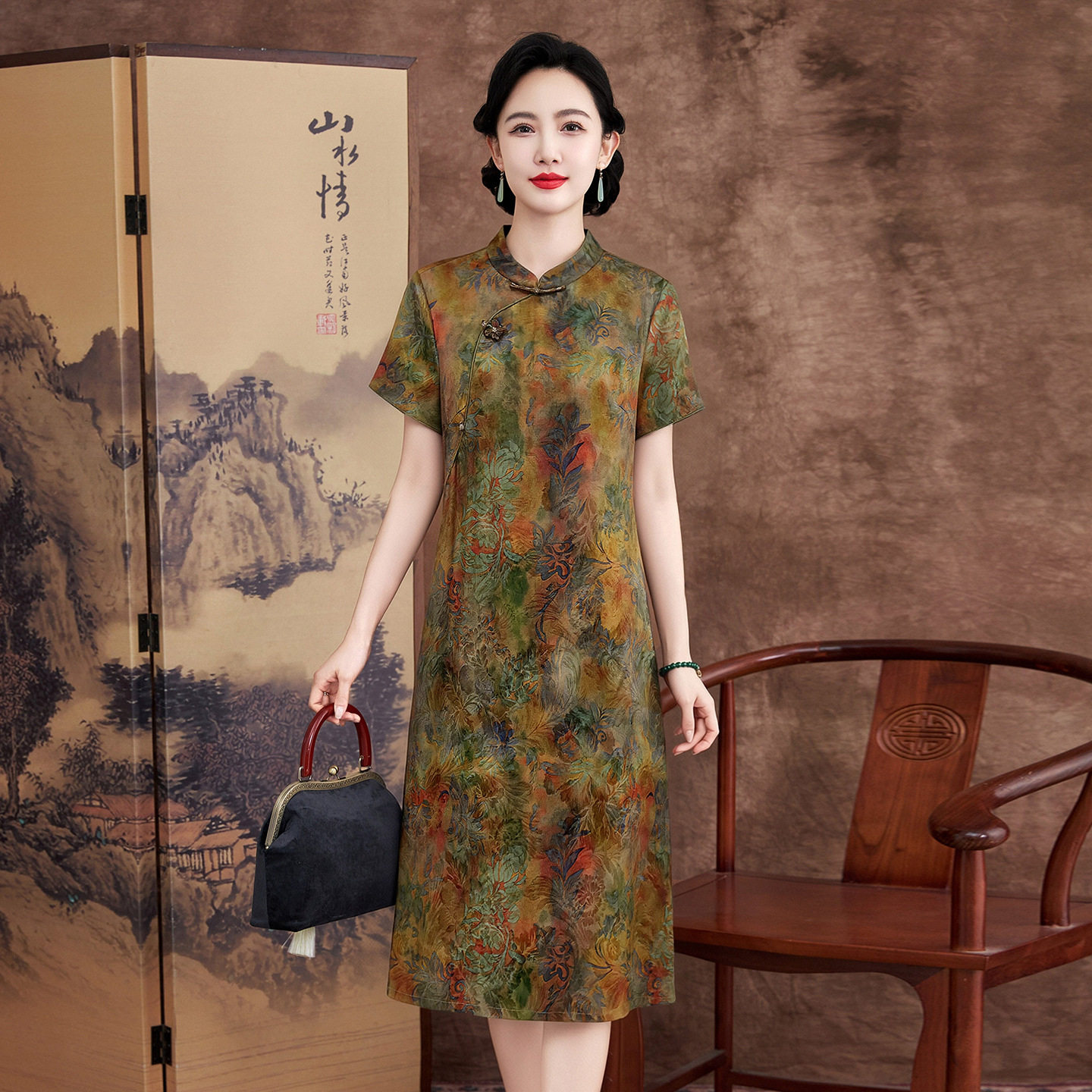 花萝香云纱立领真丝连衣裙2026新款夏季中年女装改良版旗袍裙短袖