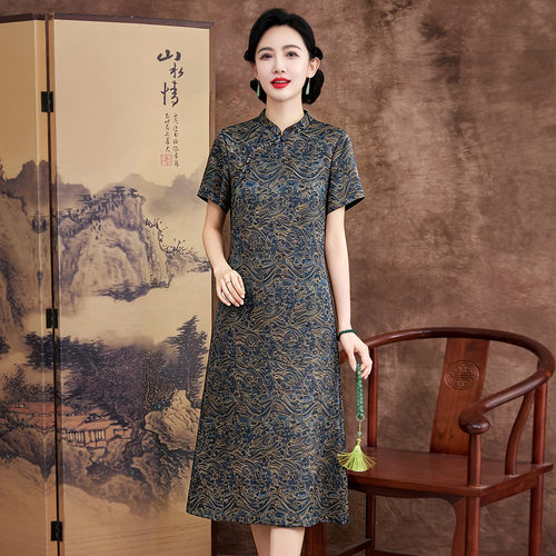 夏季中式香云纱桑蚕丝短袖旗袍裙