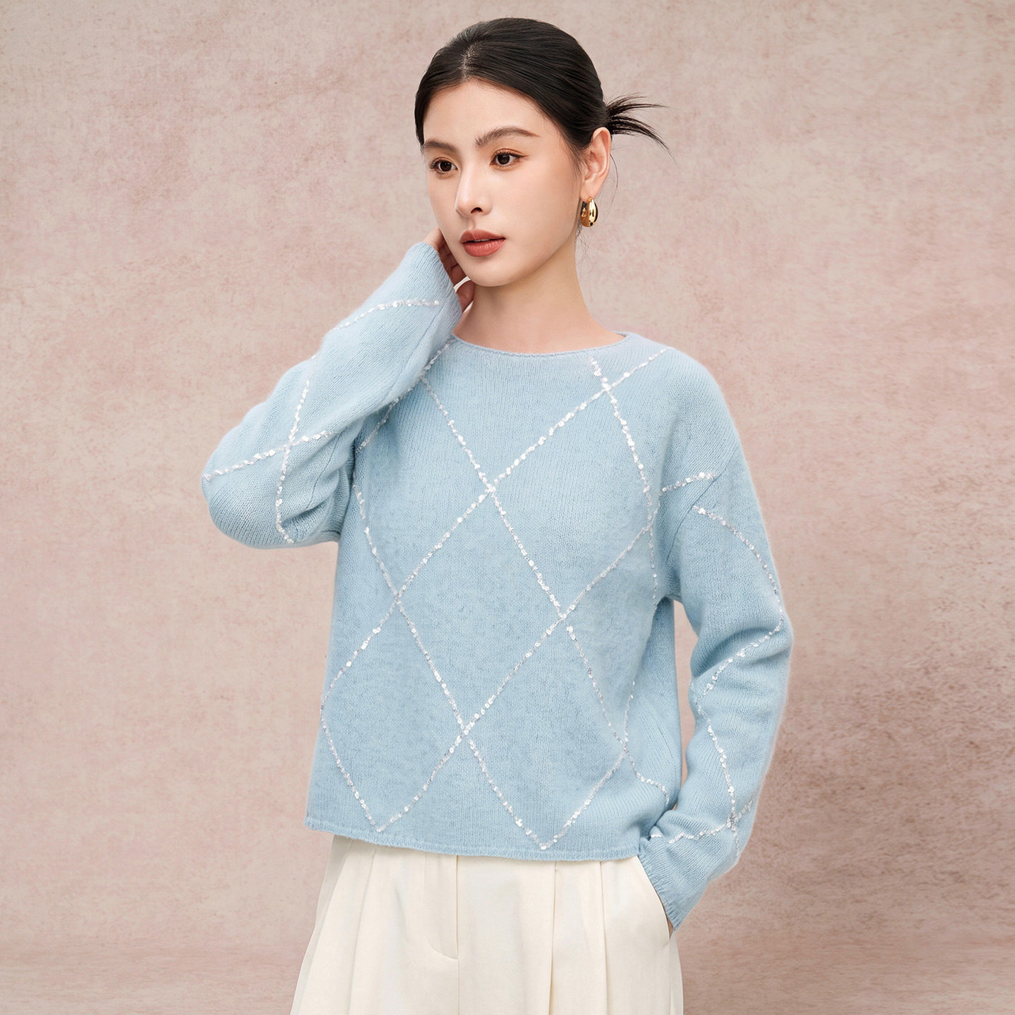 慵懒风菱格纹宽松套头女针织衫