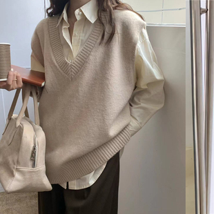 V领羊绒背心女韩国宽松针织马甲外穿无袖 套头羊毛坎肩 毛衣中长款