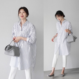 风搭长袖 韩国东大门2025秋季 中长款 女宽松bf风大版 衬衣 白色棉衬衫