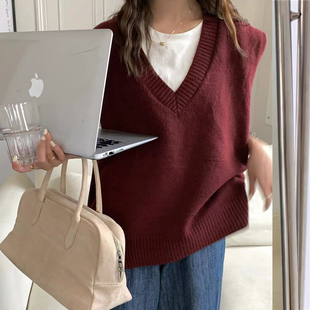 2025秋冬羊绒背心女宽松针织马甲外穿无袖短款v领套头羊毛坎肩