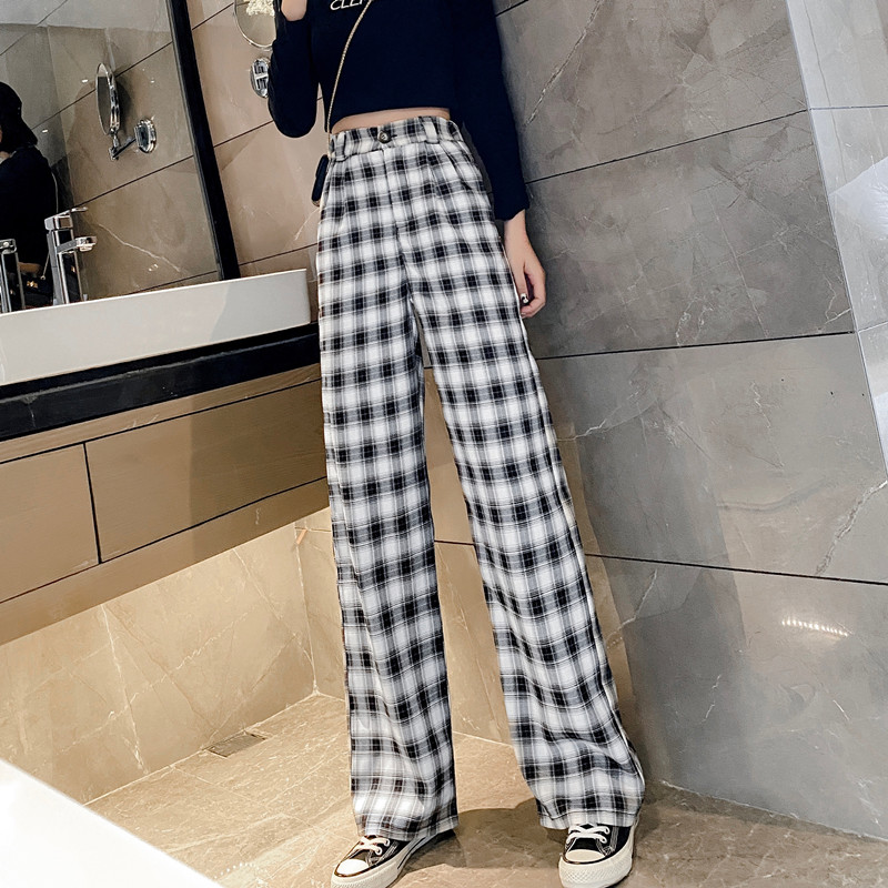 Real shot new spring and summer wear black and white plaid pants women's high waist drop loose straight trousers casual pants women's wide leg pants
