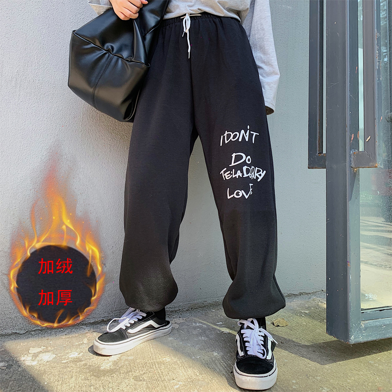 Real shooting autumn and winter new Korean sports casual pants women's College style loose Plush thickened PANTS LEGGINGS versatile