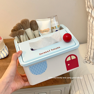 2025新款小房子桌面收纳盒纸巾盒化妆刷口红筒文具杂物书桌置物架