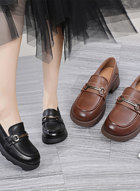 冰洁女鞋2025秋季新款真皮圆头中跟一脚蹬英伦风乐福鞋单鞋28160