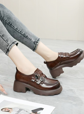 冰洁女鞋2025秋季新款真皮圆头粗跟防滑轻便舒适乐福鞋单鞋88303