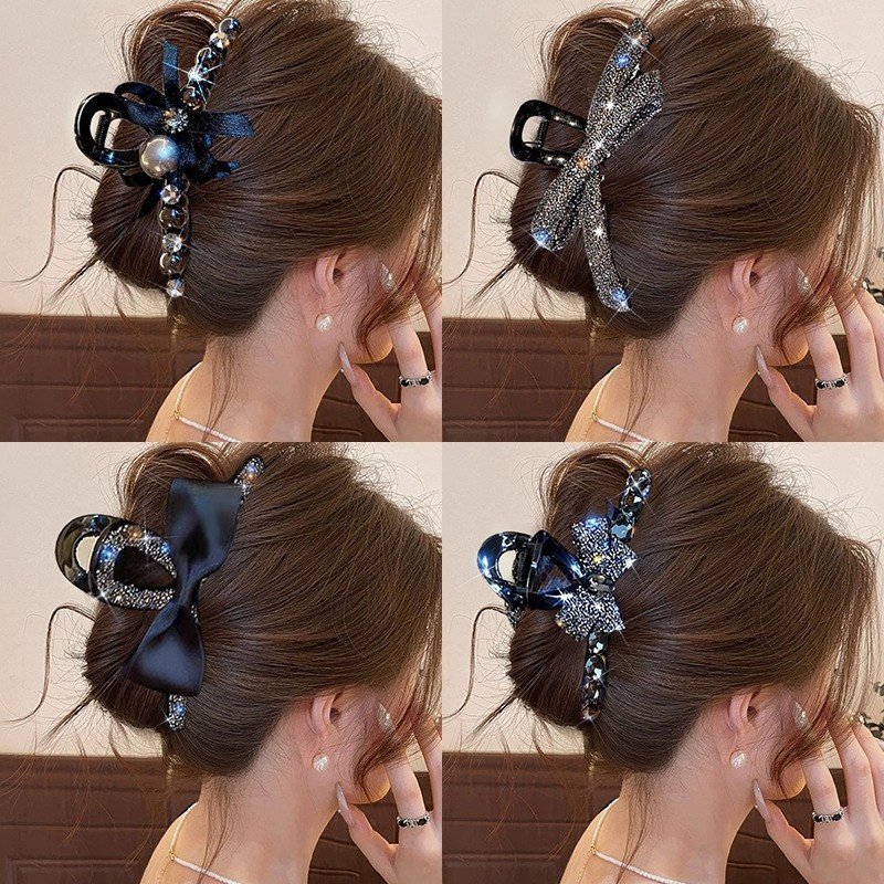 黑色感蝴蝶结抓夹大号水钻新款高端发夹后脑勺鲨鱼夹子头饰