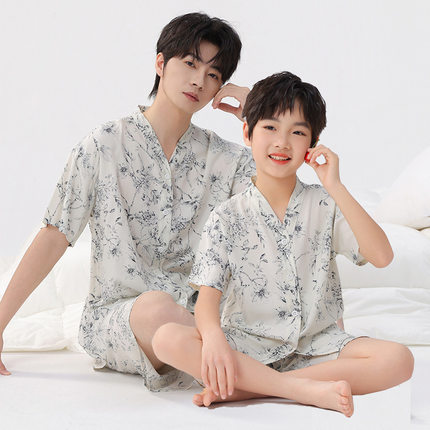 夏季儿童棉绸睡衣套装男孩女童棉绸亲子短袖绵绸空调服父子家居服