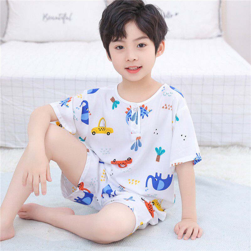 夏季儿童棉绸睡衣男童女童薄款短裤宝宝绵绸短袖套装小孩子家居服