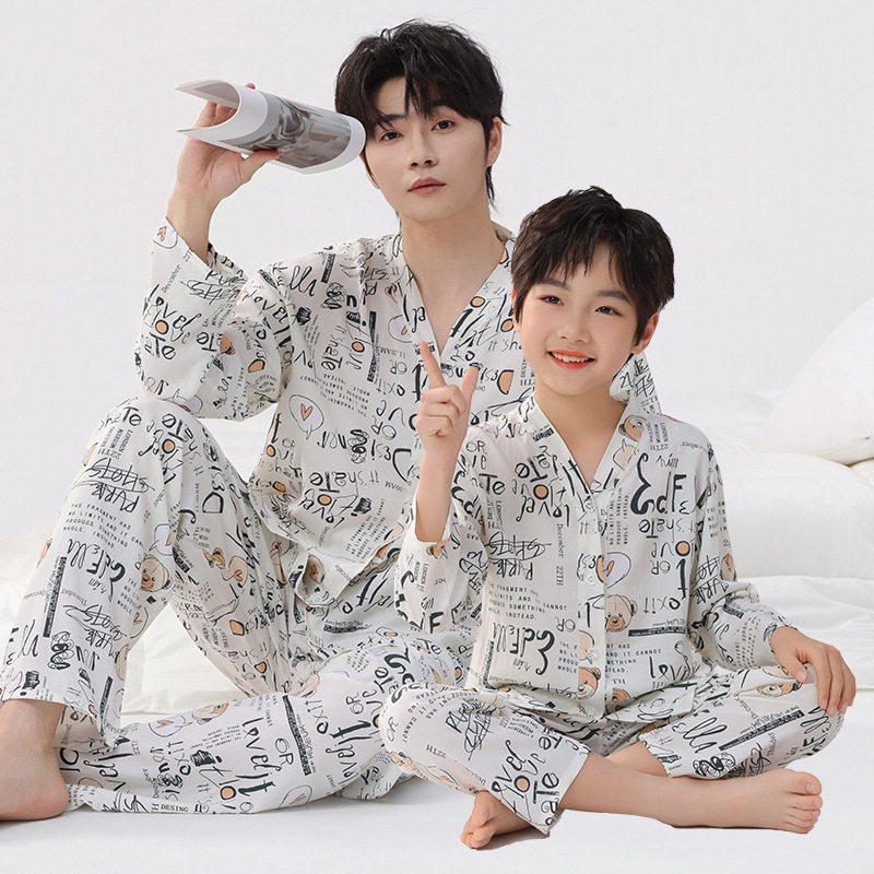 儿童棉绸亲子绵绸睡衣套装男童小孩父子母女童夏季中大空调家居服