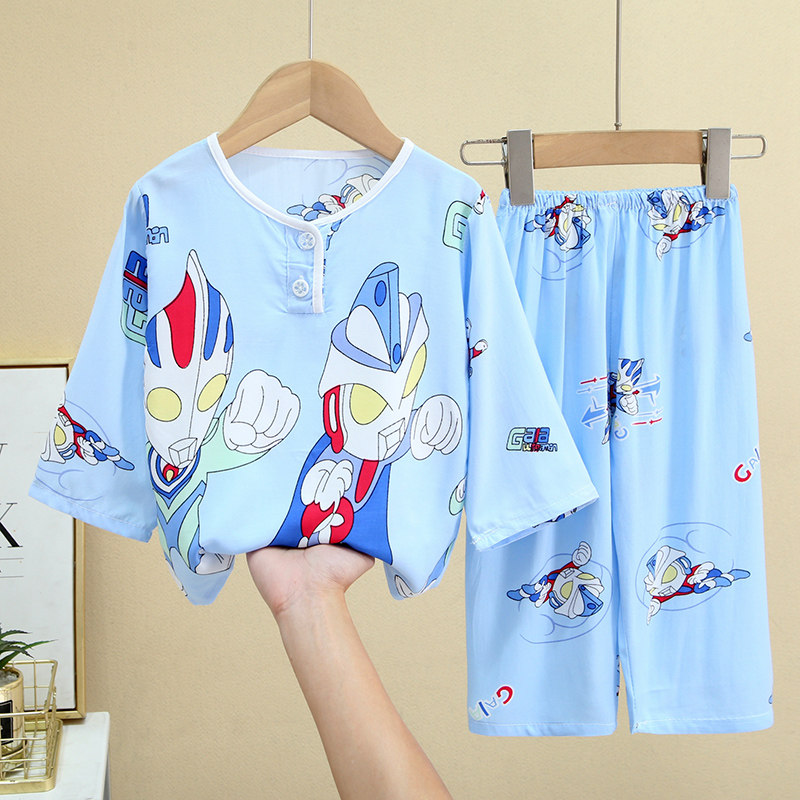夏季儿童棉绸睡衣套装男童长袖小孩女绵绸宝奥特曼哪吒薄款家居服