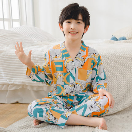 夏季棉绸睡衣儿童家居服套装空调服V领长袖男童女童宝宝绵绸薄款