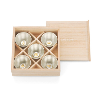 日本代购 能作Nousaku 纯锡金箔小酒杯白酒杯清酒杯5件木礼盒吉祥