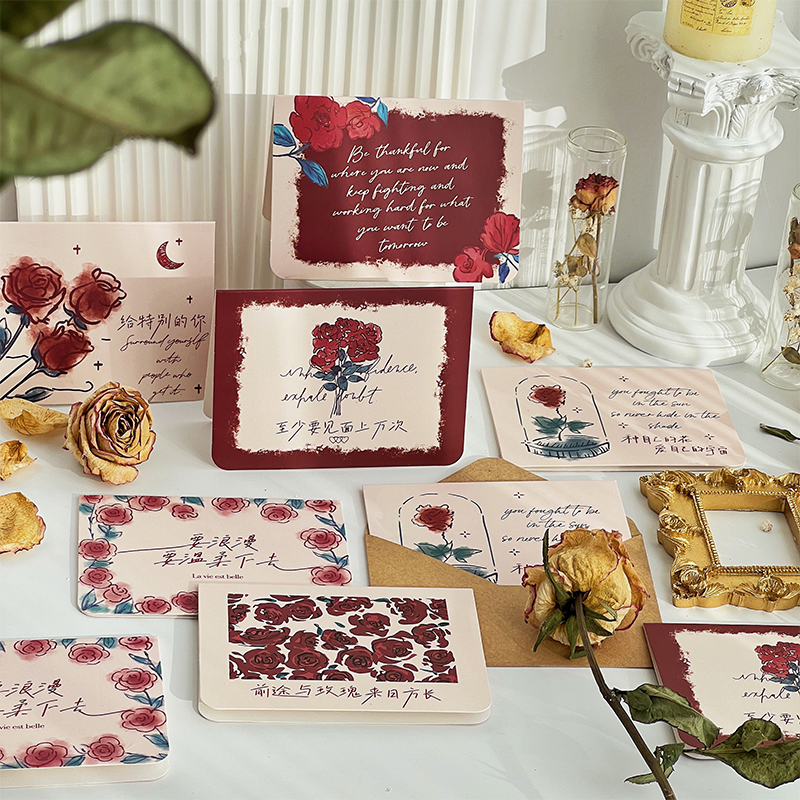 复古简约ins风高级感玫瑰贺卡感恩圣诞节日生日祝福感谢diy小卡片