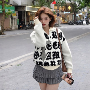 哥特风字母提花仿水貂毛V领针织毛衣慵懒感翻领针织衫 RULE