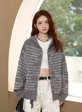 RuleByMe 慵懒感满印字母提花连帽针织开衫男女宽松休闲毛衣外套