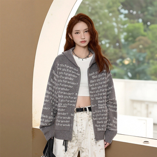 RuleByMe 男女宽松休闲毛衣外套 慵懒感满印字母提花连帽针织开衫