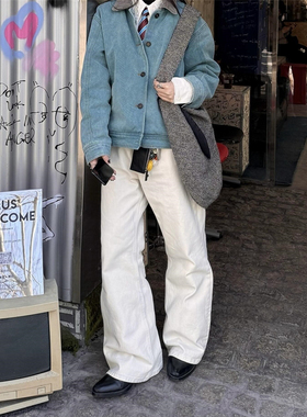 RBM 擦脏做旧骨白色暗纹牛仔裤水洗复古vintage直筒微喇阔腿长裤