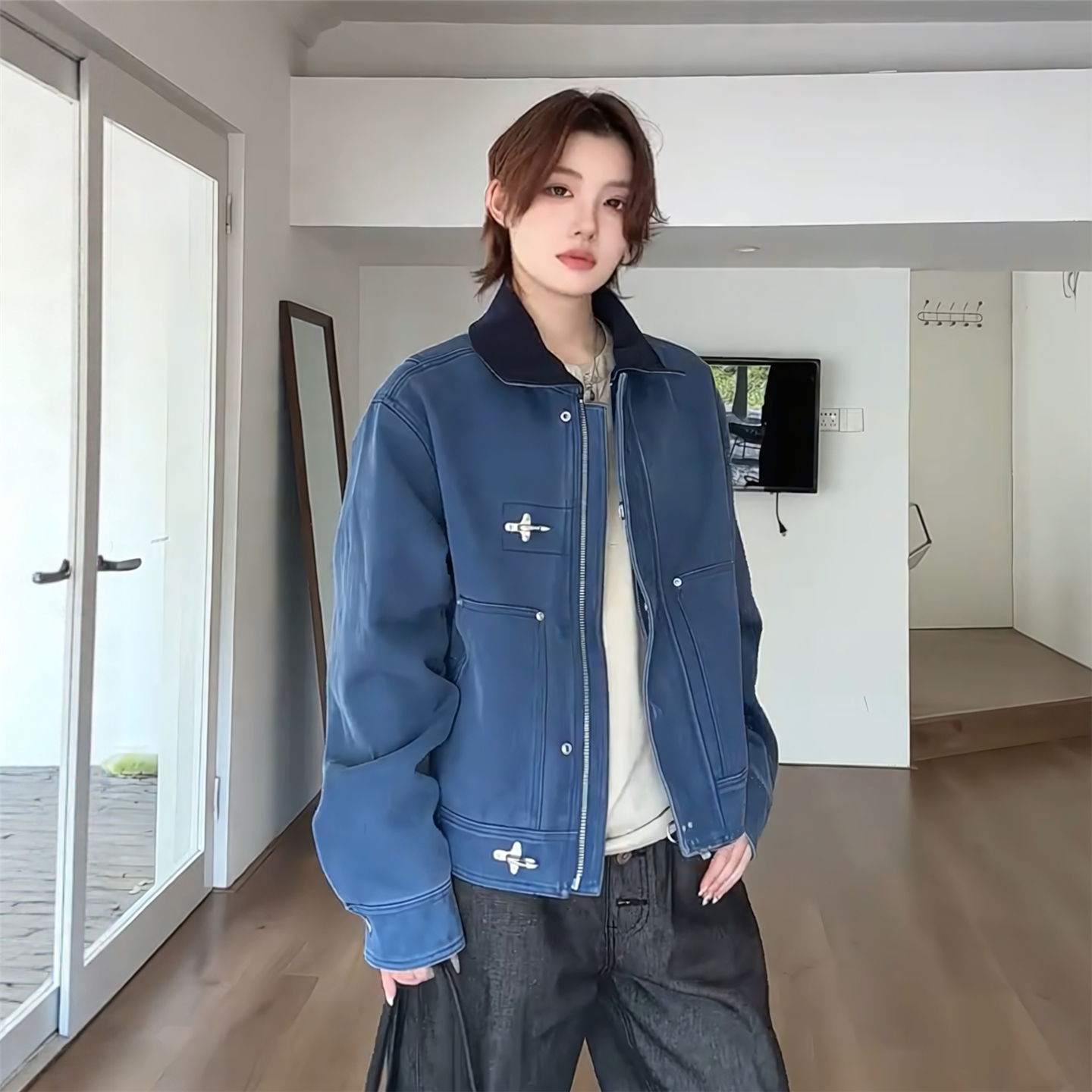 RBM珠帆布cleanfi飞机扣翻领夹克