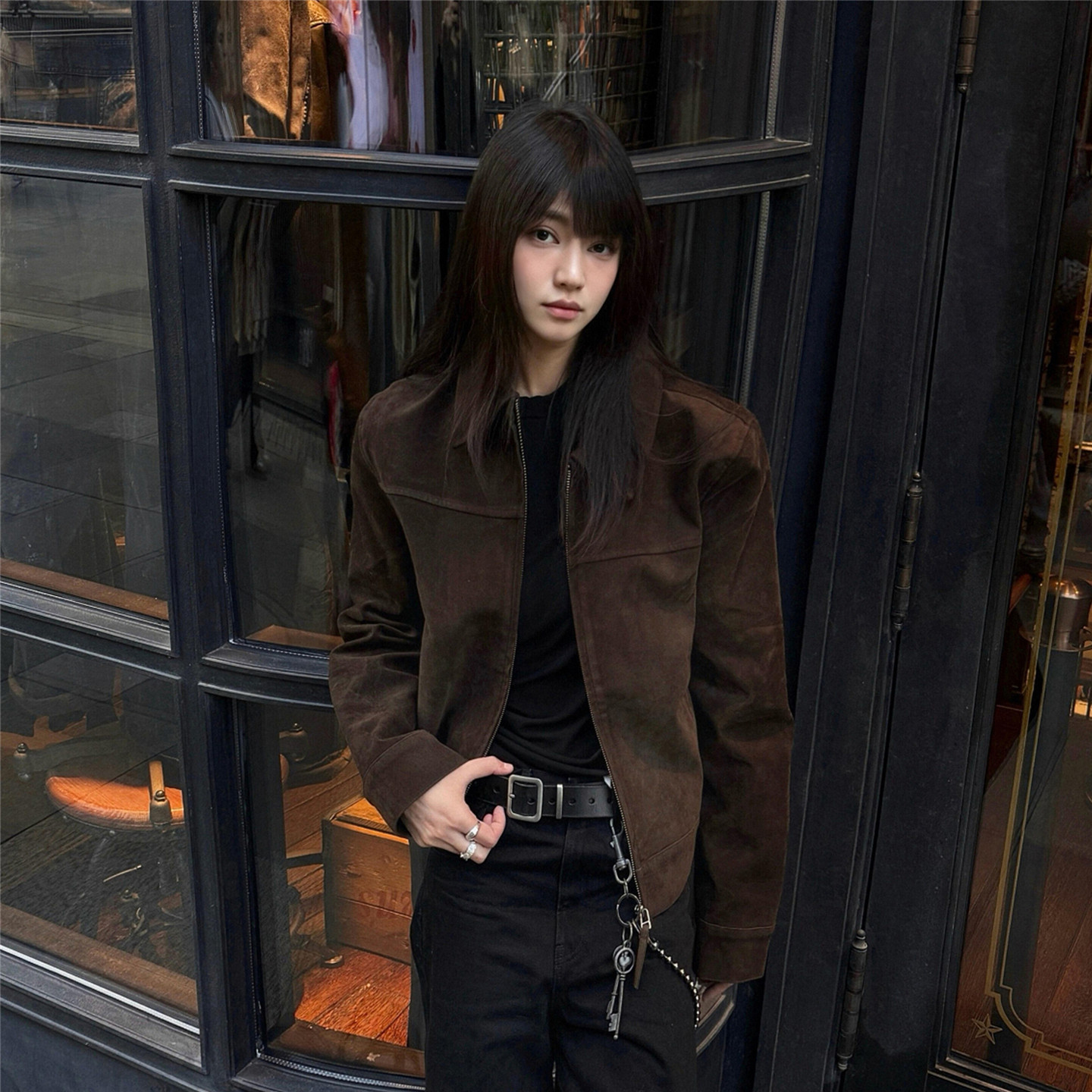 RuleByMe 巴恩老钱复古翻领麂皮正肩版型磨砂琥珀高级感夹克外套