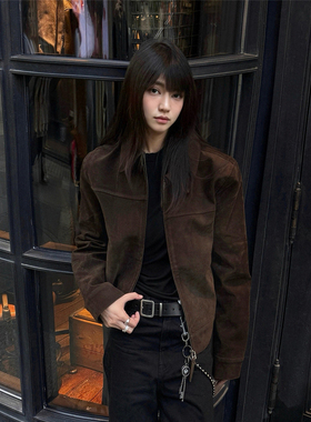 RuleByMe 巴恩老钱复古翻领麂皮正肩版型磨砂琥珀高级感夹克外套