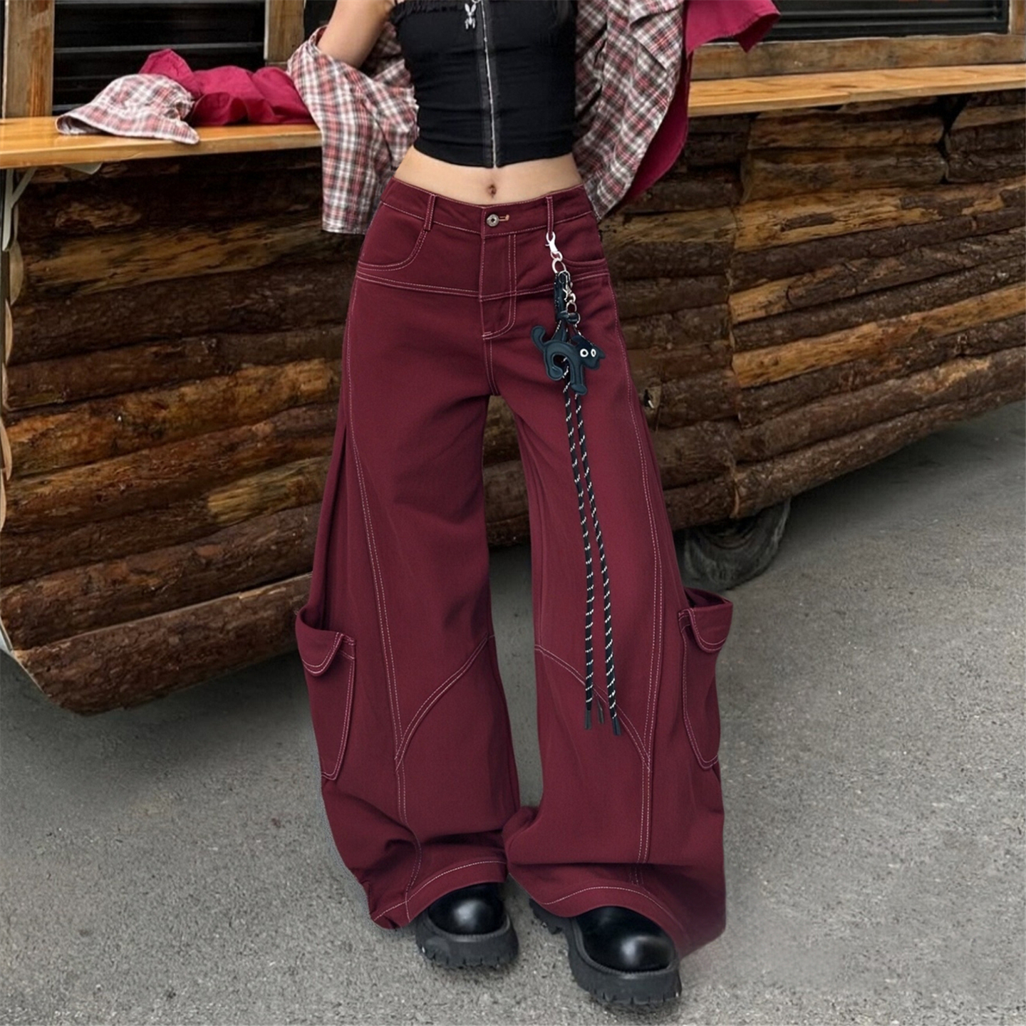 RULE BY ME 美式复古解构明线口袋弯刀工装裤男女阔腿baggy休闲裤