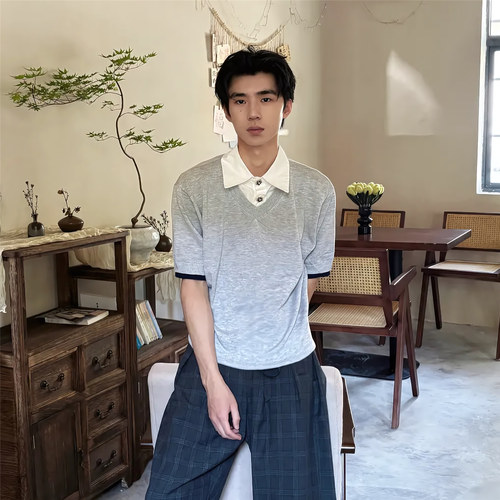 羊毛混纺拼接衬衫领针织polo短袖