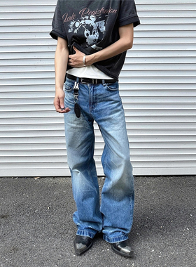 RuleByMe 冰蓝水洗做旧高盎司猫须挺阔A字阔腿牛仔裤男女直筒长裤