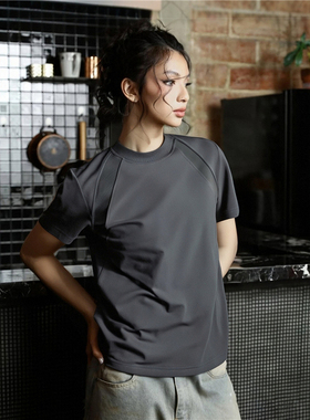 RULE BY ME 太空棉空气层螺纹拼接抗皱boxy短款静奢老钱短袖T恤夏