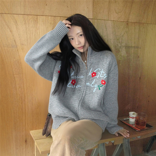 复古设计感花卉刺绣开衫 毛衣小众宽松百搭针织外套 RULE