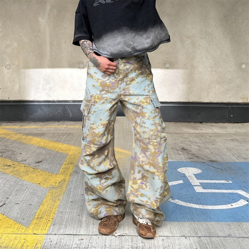 复古晕染压褶直筒阔腿迷彩裤