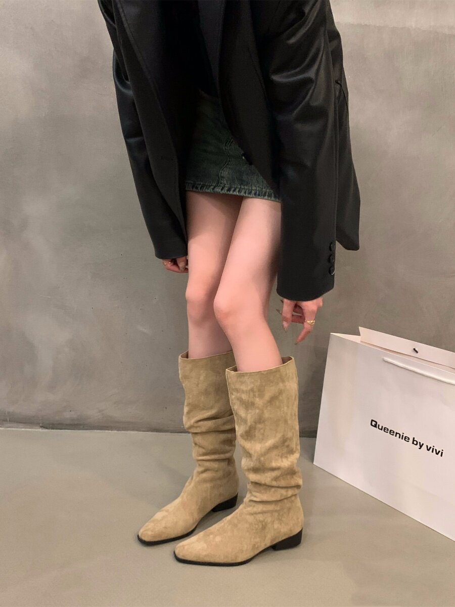 두꺼운 굽 서양 카우보이 복고풍 부츠 여성 신발 2024 새로운 가을 겨울 플러스 벨벳 더미 부츠 긴 무심한 부츠