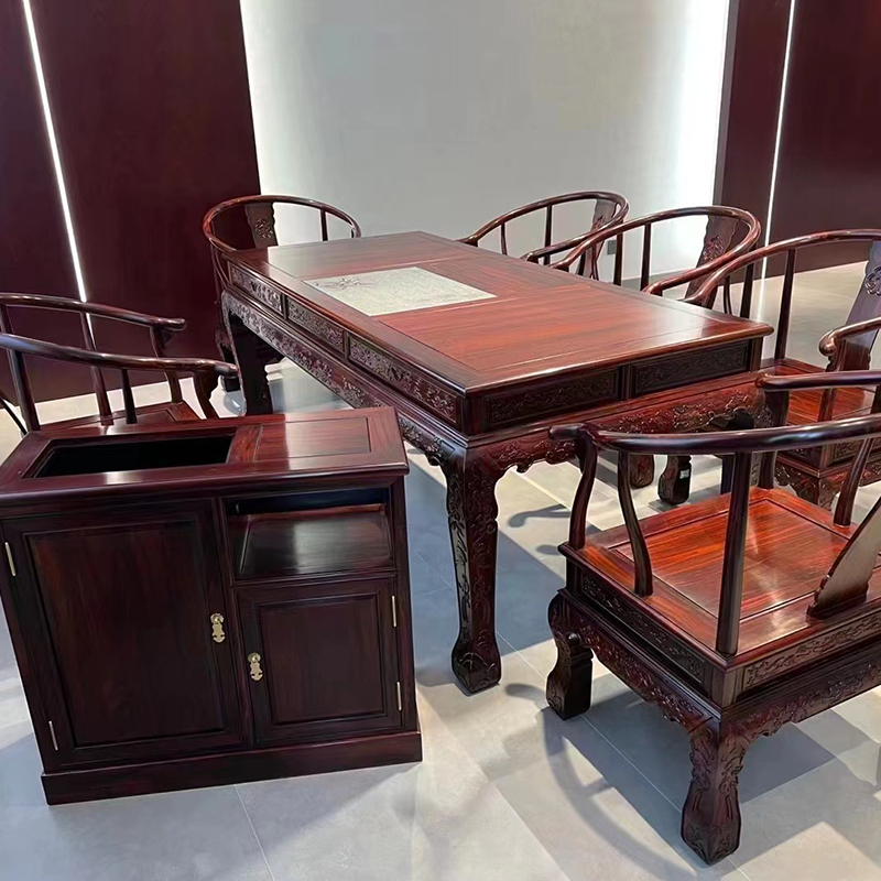 东阳红木家具茶桌印尼黑酸枝金狮茶台阔叶黄檀雕花茶水柜古典茶台