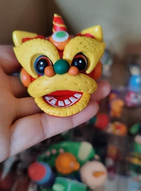 手工泥面塑塑醒狮摆件国潮舞狮头家居装饰面塑特色礼物摆件