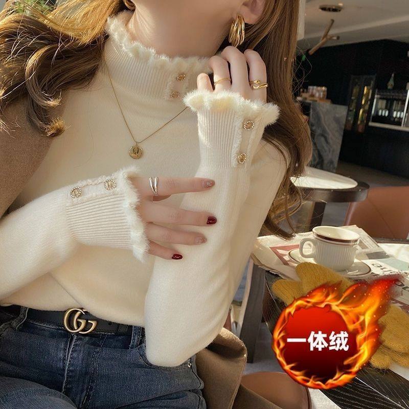 加绒毛衣女秋冬加厚2024新款一体绒半高领打底衫内搭保暖针织上衣