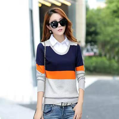 衬衣领毛衣女假两件加绒新款韩版洋气百搭短款春秋冬季打底针织衫
