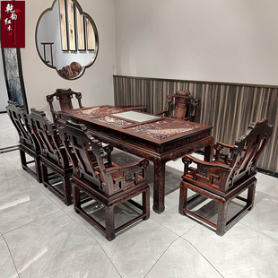 豪华手工深雕印尼黑酸枝木茶台明清红木家具阔叶黄檀百鸟朝凤茶桌