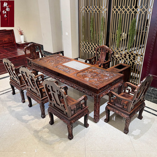 豪华深雕印尼黑酸枝木茶桌明清古典红木功夫阔叶黄檀荷花泡茶台