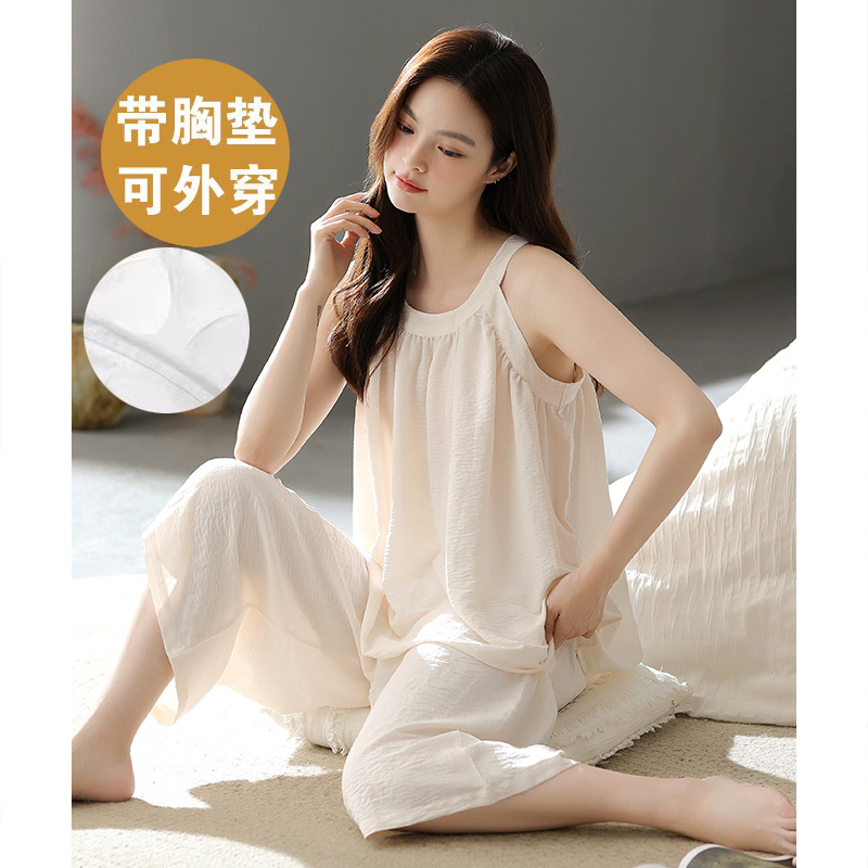 睡衣女夏季纯棉无袖吊带背心七分裤可爱卡通加大码胖mm家居服套装