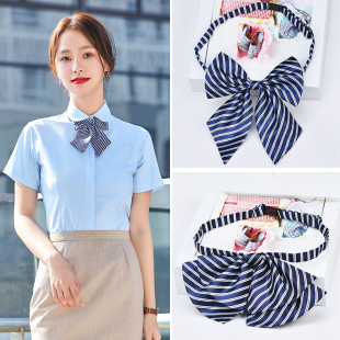 蓝白间细条纹领花领结女职业小领带男士懒人拉链领带银行空姐头花