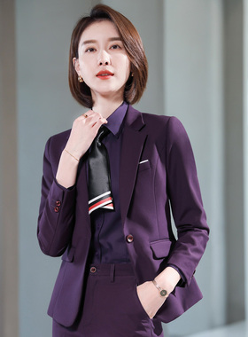 深紫色西服套装女士OL修身职业工作服单扣插白边西装哔叽布四季款