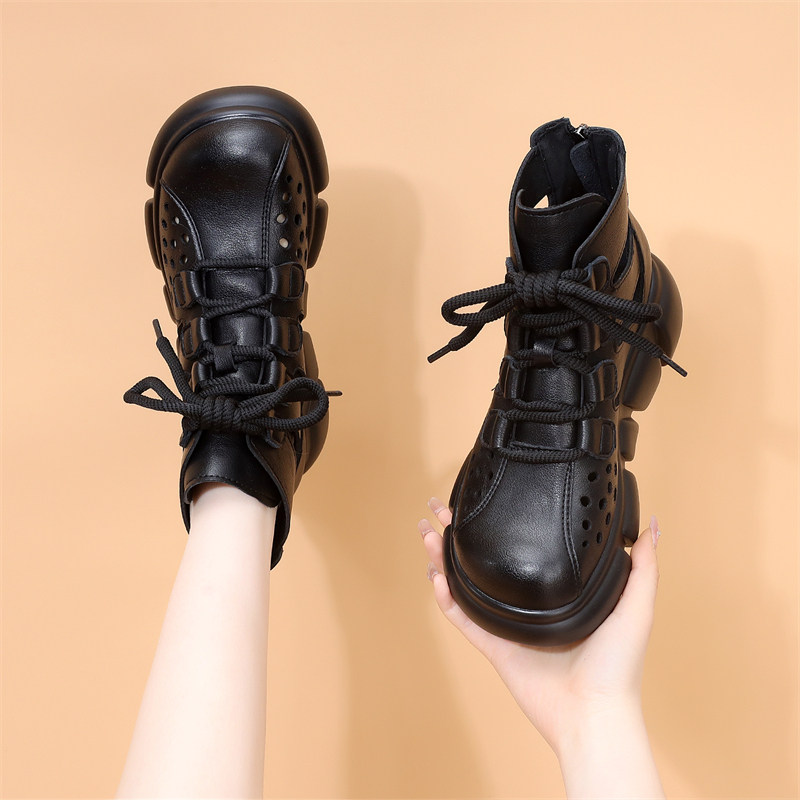 欧美真皮厚底女罗马凉鞋2025新款夏季复古镂空短靴百搭绑带女凉靴