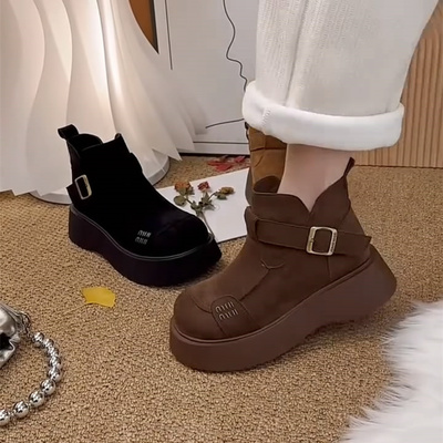 厚底勃肯靴女新款2025冬季保暖加绒时尚防滑绒面短靴女百搭马丁靴