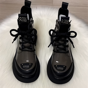 漆皮马丁靴2025秋冬新款 百搭圆头舒适软底防滑炸街加棉保暖短靴女