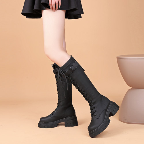 2025年新款秋冬季英伦风高筒马丁靴女小个子厚底增高不过膝长筒靴