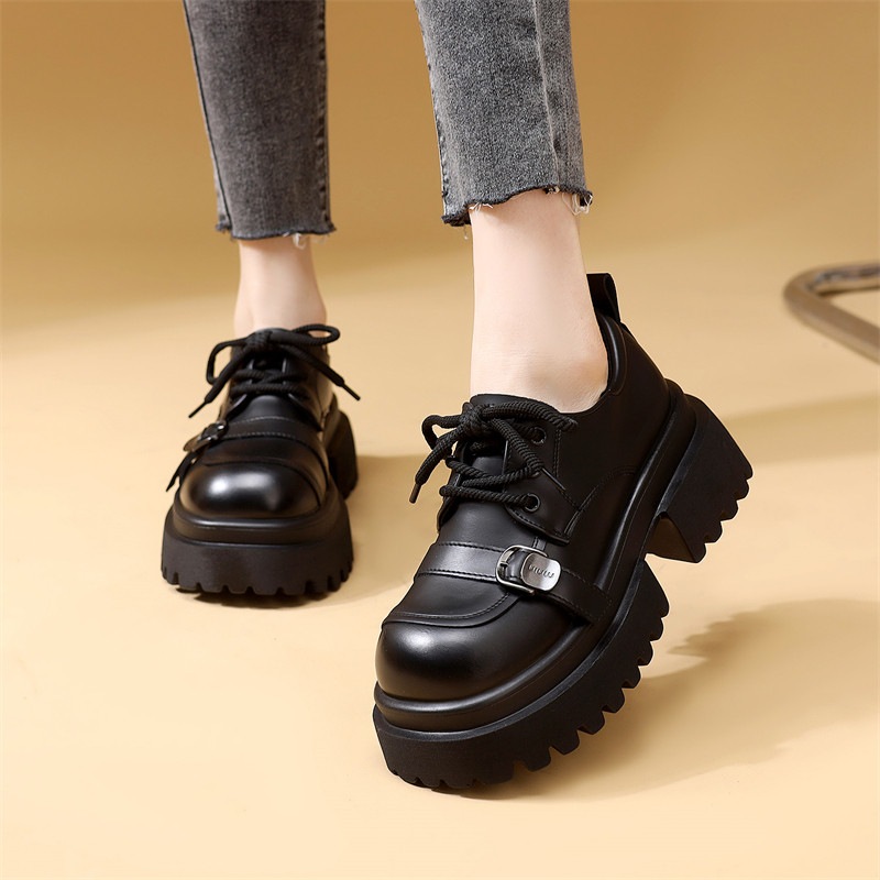 休闲百搭皮鞋女2025新款冬季加绒保暖舒适复古系带粗跟增高乐福鞋,女鞋,乐福鞋（豆豆鞋）,淘宝优惠券,粉丝福利购,淘宝优惠卷