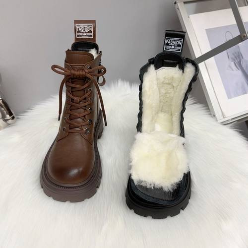 皮毛一体雪地靴女2025秋冬新款加绒马丁靴英伦风百搭厚底休闲短靴