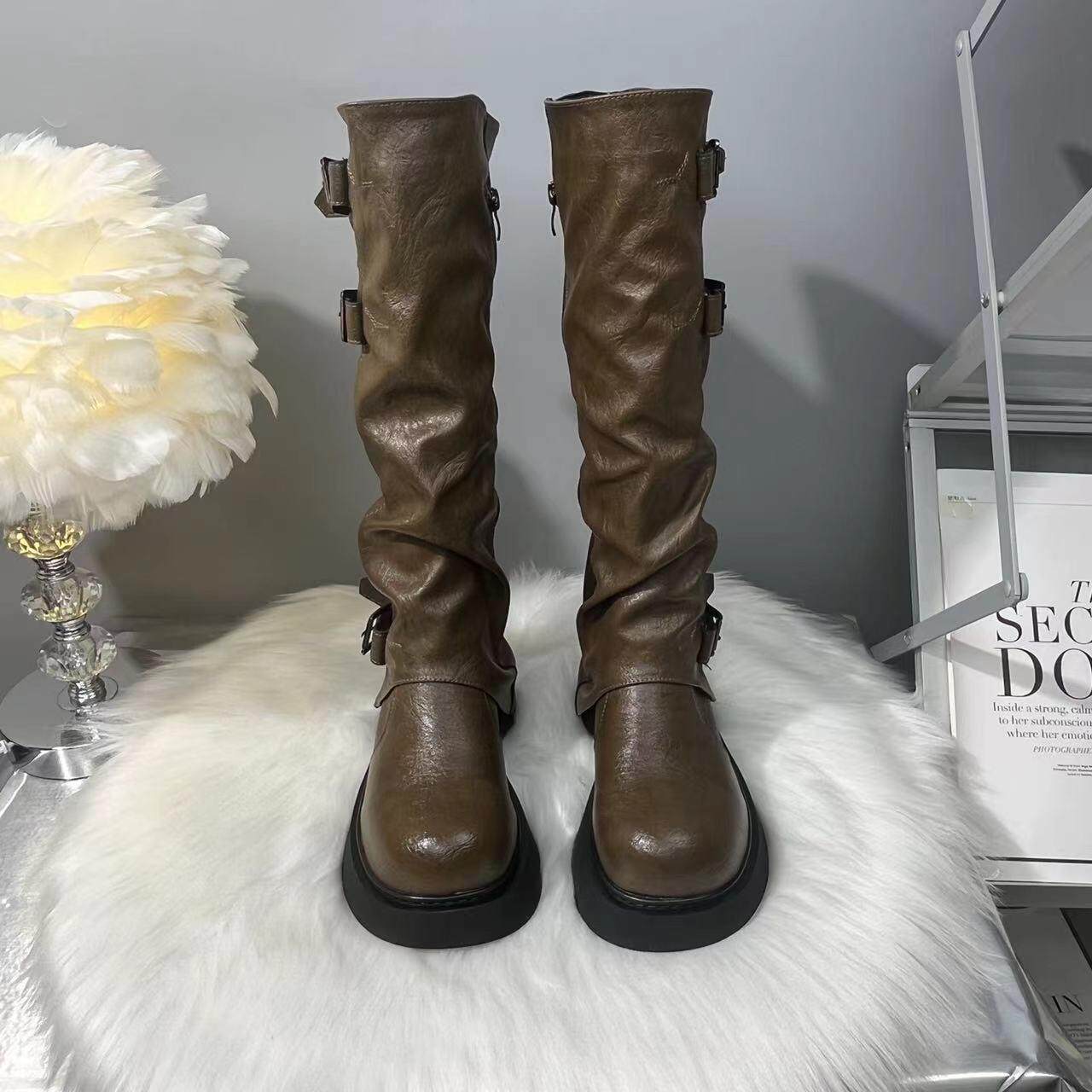 2025新款秋冬加绒棉鞋复古英伦风裤管靴女时尚百搭厚底高筒骑士靴,女鞋,马丁靴,淘宝优惠券,粉丝福利购,淘宝优惠卷